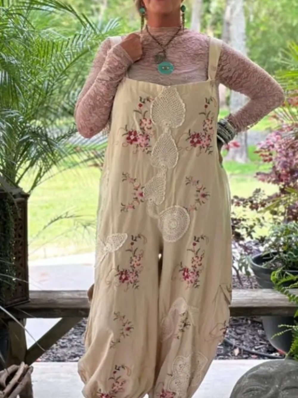 Jaded Gypsy Trellis Views Boho Embroidered Cream Overalls with Crochet Appliqué